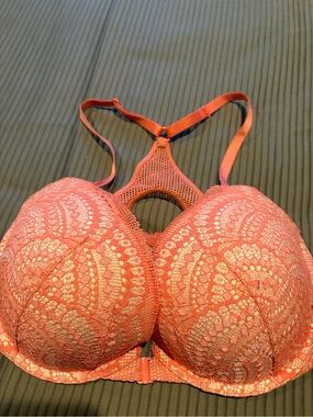 Victoria's Secret Coral Lace Racerback Push-Up Bra with Mesh Detail